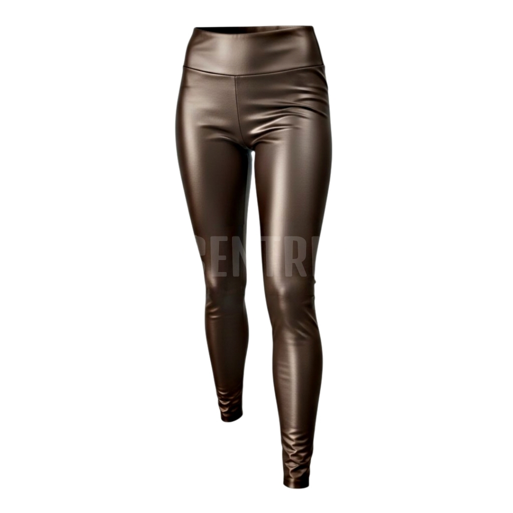 Women's High-Waisted Shiny Faux Leather Leggings - Coffee